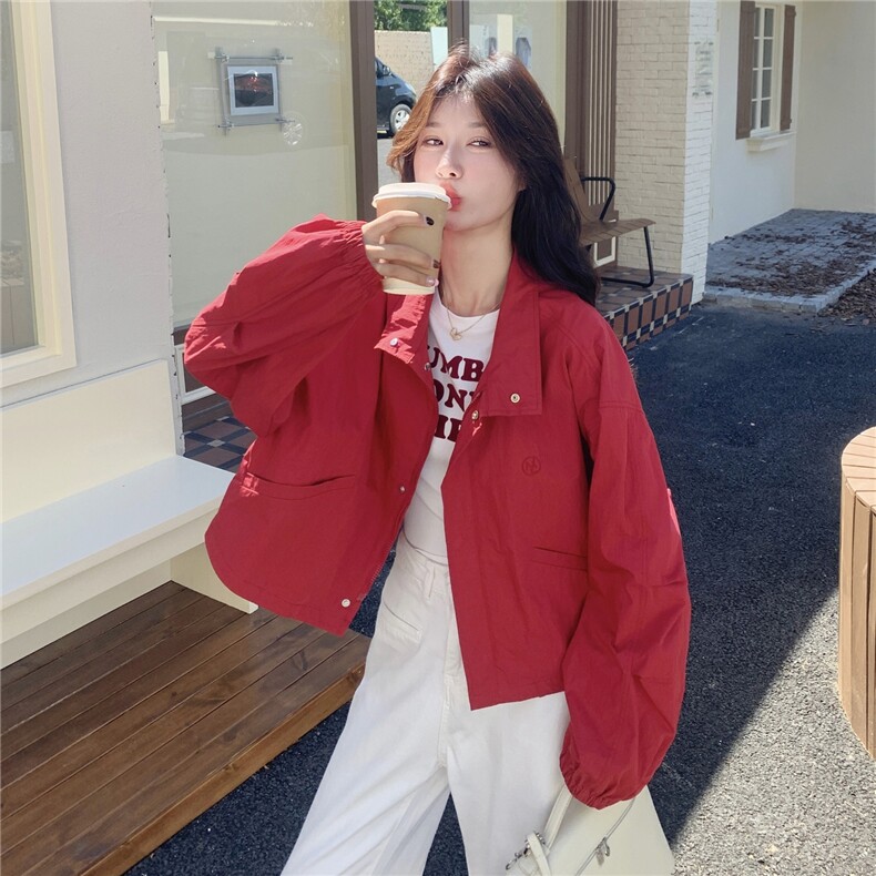 韩系chic休闲减龄复古红色短外套女春秋超火好看宽松工装夹克上衣,女装短外套,2B237