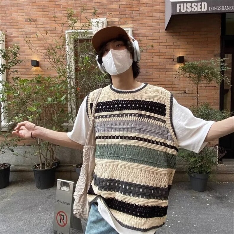 美式复古撞色条纹背心男款夏季潮牌针织镂空衣服坎肩毛衣无袖t恤,男装针织衫/毛衣,星座1210-1