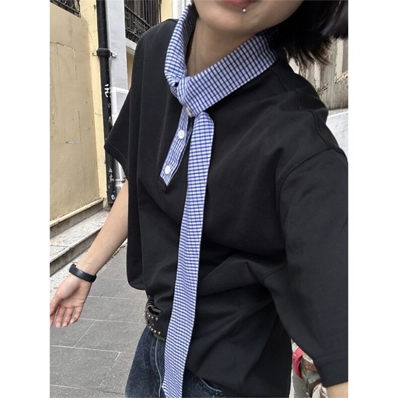 航海家夏季松弛感飘带丝巾领拼接短袖polo衫男百搭宽松领带T恤图片