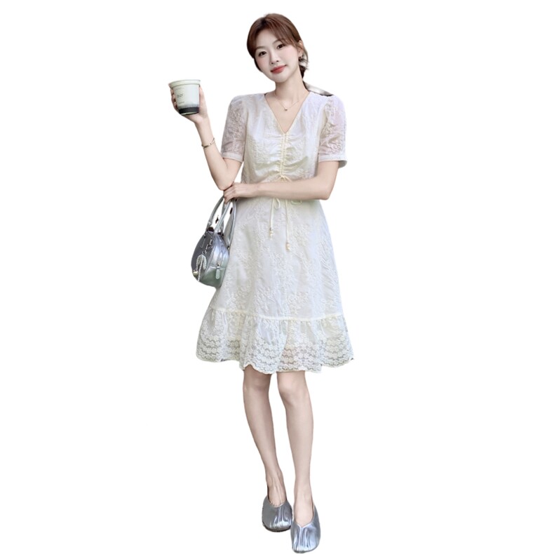 现货-2025年夏季新款法式气质百搭V领刺绣连衣裙女,女装连衣裙,1D102-1