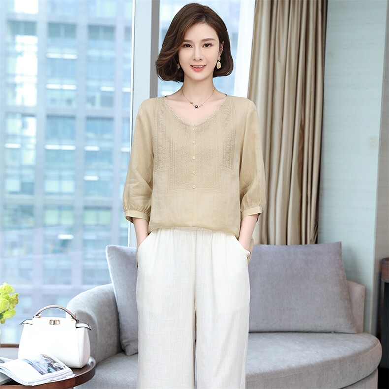 2022夏季纯苎麻刺绣简约气质圆领宽松时尚休闲显瘦舒适上衣,女装衬衫,独衣靓