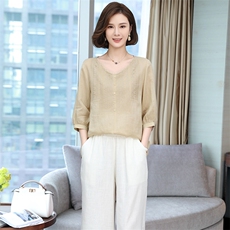 2022夏季纯苎麻刺绣简约气质圆领宽松时尚休闲显瘦舒适上衣，女装衬衫，独衣靓