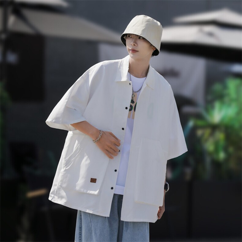 2025夏装日系复古大口袋短袖衬衫男宽松纯色大码衬衣C500P40,男装衬衫,电商C323