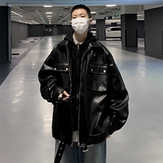 港风秋冬款男皮夹克假两件连帽工装织带大口袋皮衣外套JK065P80，男装夹克，星座1013-1