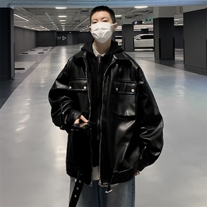 港风秋冬款男皮夹克假两件连帽工装织带大口袋皮衣外套JK065 P80图片