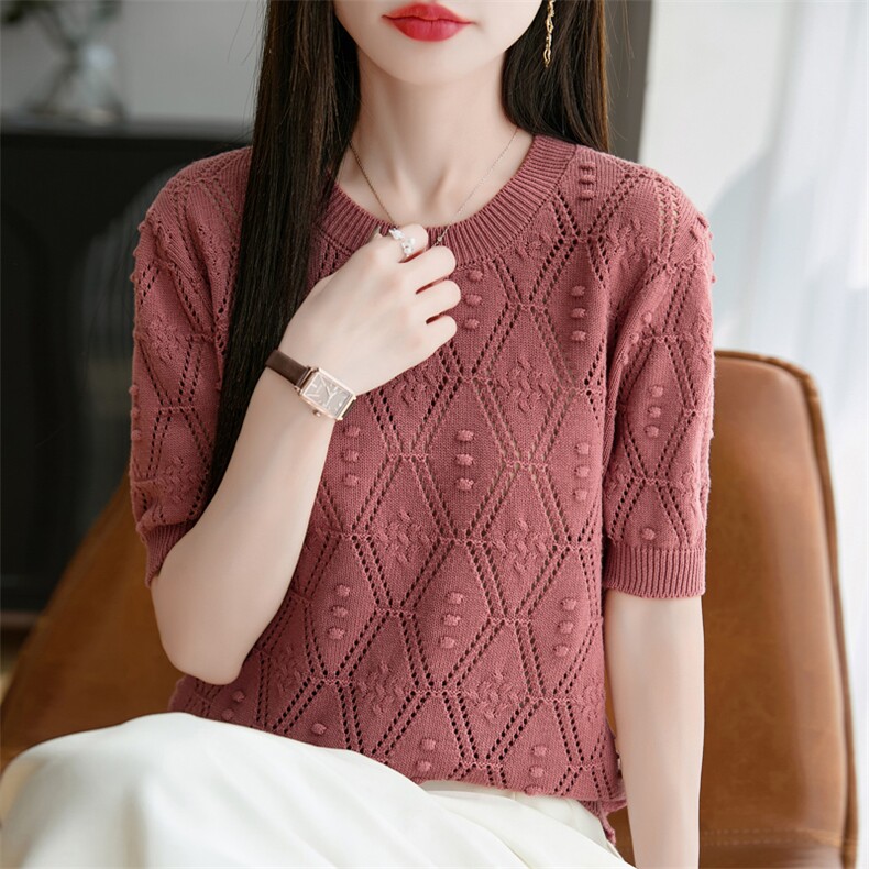 25夏新款圆领短袖纯棉T恤女纯色百搭镂空钩花半袖针织打底上衣薄，女装T恤，秋双羊绒