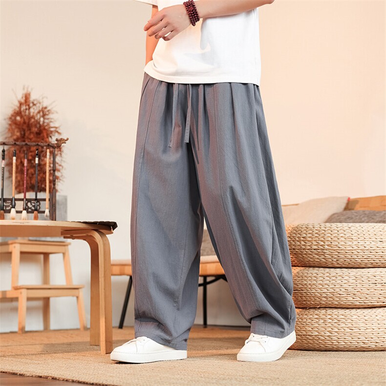 8XL-M亚麻弯刀裤直筒阔腿裤子男夏季宽松大码运动灯笼裤KZ068P60图片