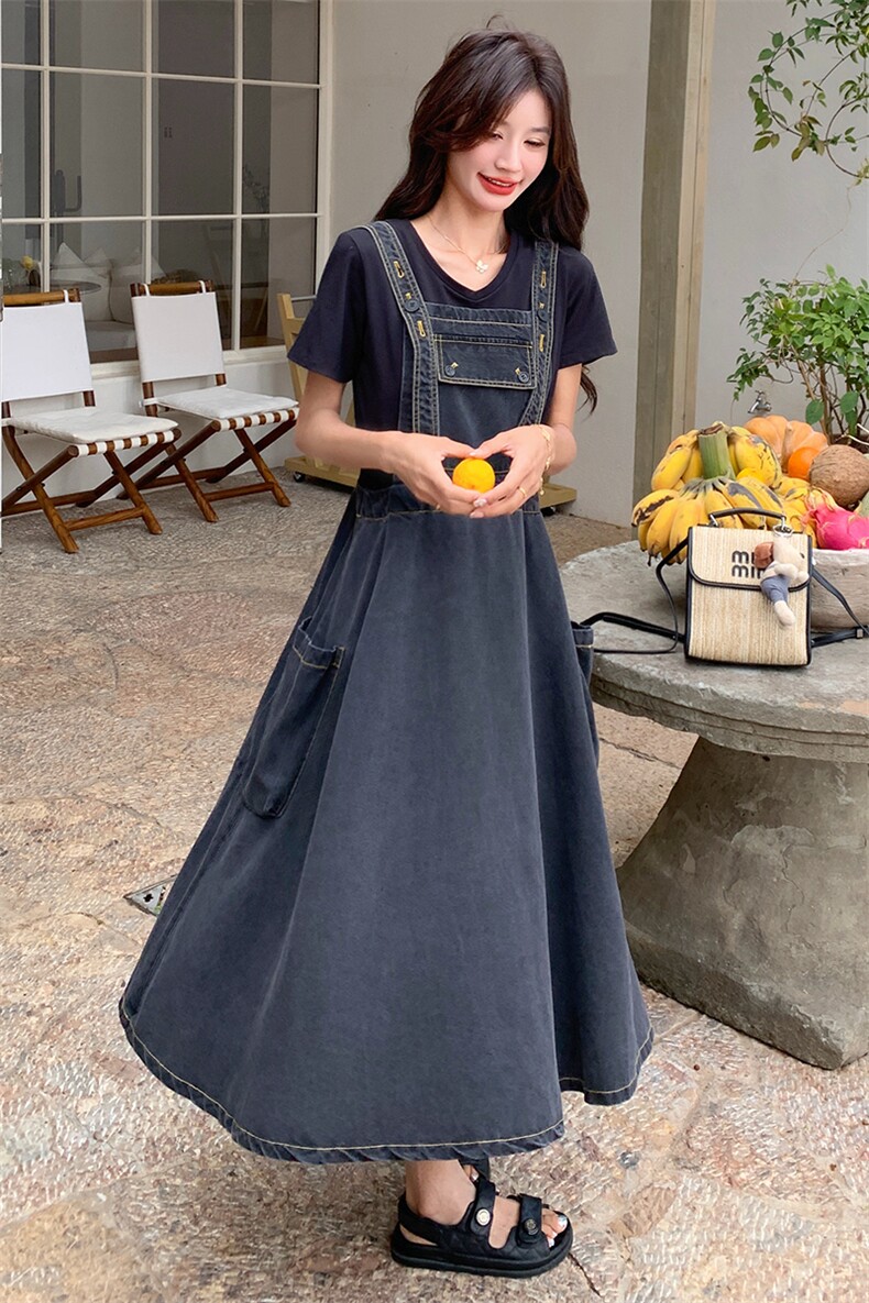 灰色复古牛仔背带连衣裙T恤两件套女夏季2025新款宽松休闲吊带裙,女装套装/套裙,2C085