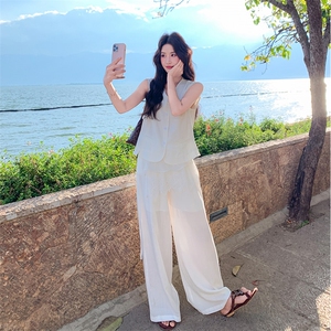 现货蕾丝拼接无袖马甲阔腿裤两件套套装女图片
