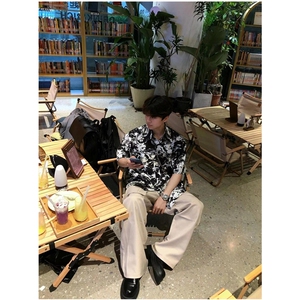 扎染泼墨衬衫男士短袖夏季配领带项链冰丝凉感衬衣痞帅上衣CS519