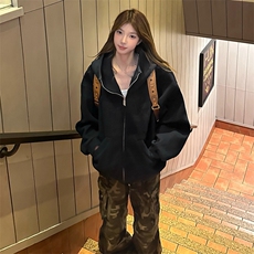 抖音得物高品质26春装美式高街重磅宽松结构高领连帽卫衣外套W60，女装短外套，电商A486