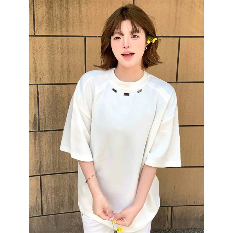 抖音得物品质二开240克宽松纯棉美式高街痞帅潮牌金属装饰短袖T恤,男装T恤,电商A486-1