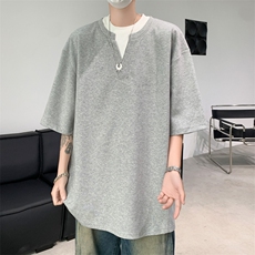 C414-P342024夏季新款设计感潮牌T恤男简约百搭假两件短袖现货，男装T恤，星座512-6