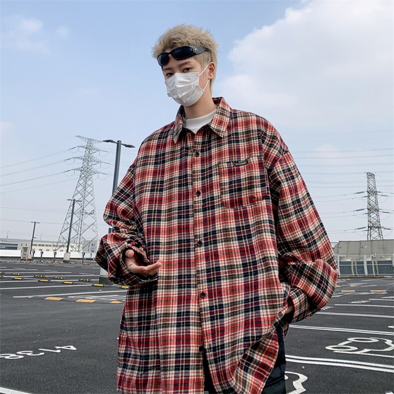 2024新款格子长袖衬衫男春季潮牌学院风宽松衬衣现货W8150-P337,男装衬衫,星座512-4