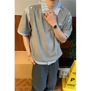 条纹拼接假两件翻领Polo衫男女日系复古学院风宽松短袖T袖T507