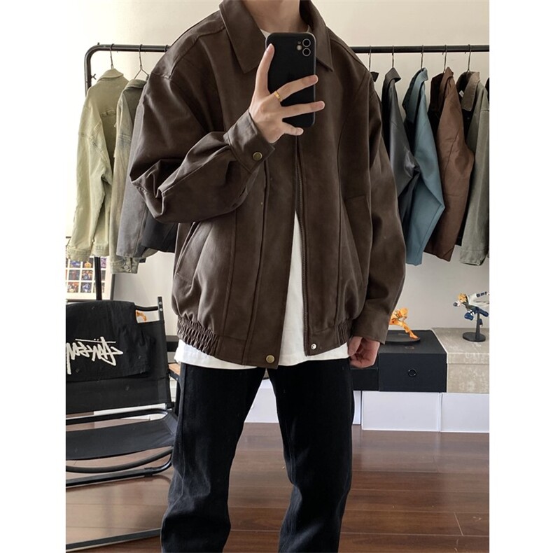 抖音PU皮夹克宽松复古纯色外套DY2407-特P80加厚2408-P90,男装夹克,星座1213