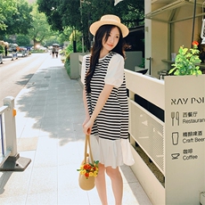 【现货】主推圆领宽松学院风休闲拼接条纹连衣裙短袖中长款，女装连衣裙，韩秀