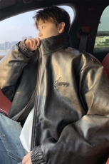 港风PU皮复古做旧绣花铆钉拉链夹克式加棉棉衣男225-2Y210-P150，男装夹克，星座225-2
