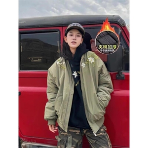 花卉刺绣美式飞行夹克棉服男女情侣款冬季加厚夹棉外套短款棒球服图片