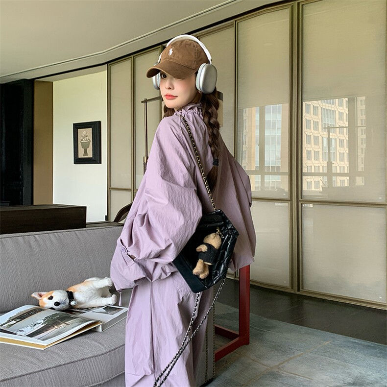 今年流行紫色冲锋衣外套女早秋2025新款百搭休闲风显瘦工装裤套装,女装套装/套裙,纯色衣恋