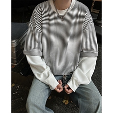 cleanfi条纹假两件卫衣男春秋美式潮牌拼接圆领长袖t恤ST492-P46，男装T恤，星座412-2