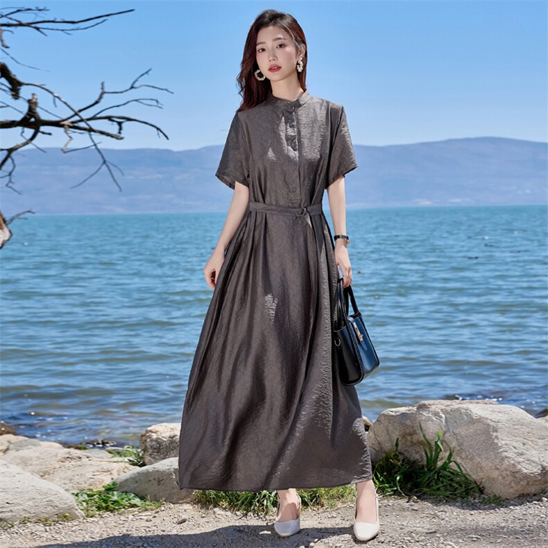 天丝连衣裙女夏季2025新款高端洋气时尚系带收腰显瘦气质复古裙子,女装连衣裙,缘衣格