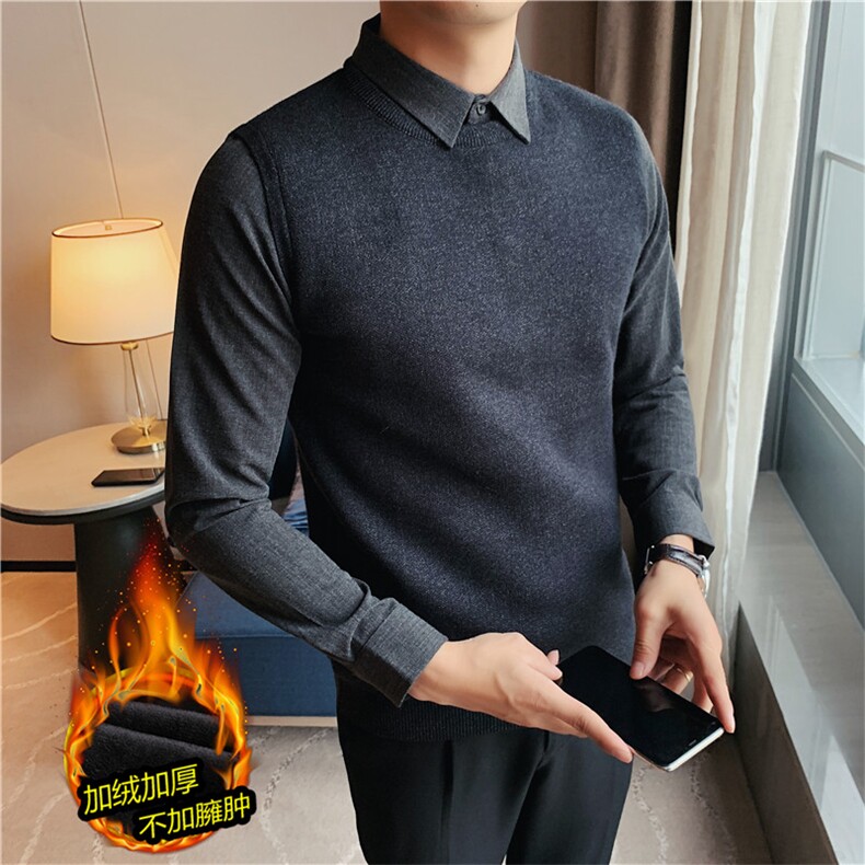 加厚加绒保暖衬衫领假两件纯色拼接毛衣针织套头毛衣JR1511-P103,男装针织衫/毛衣,电商A213