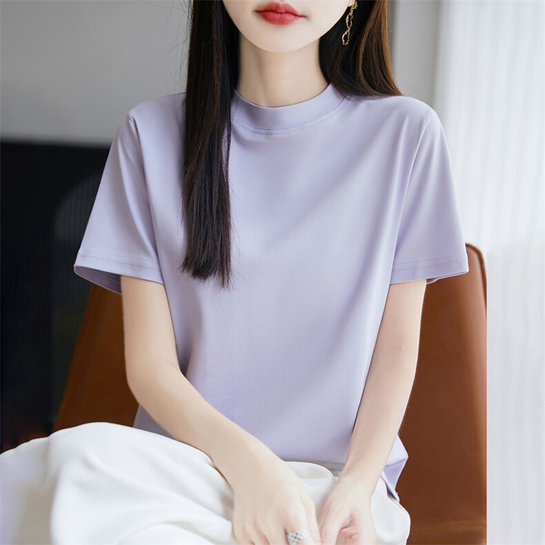 夏季新款简约半高领短袖女宽松百搭显瘦时尚休闲上衣,女装T恤,羊秋羊绒