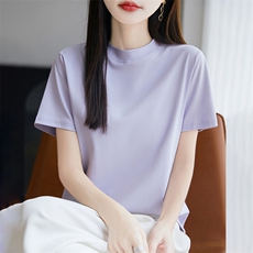 夏季新款简约半高领短袖女宽松百搭显瘦时尚休闲上衣，女装T恤，羊秋羊绒