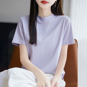 夏季新款简约半高领短袖女宽松百搭显瘦时尚休闲上衣图片