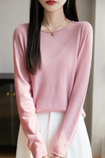 简约卷边圆领薄款宽松打底衫女2025春季精纺长袖针织小衫百搭上衣，女装针织衫/毛衣，暖烁特种纱工厂店