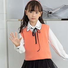 时尚儿童纯色马甲秋季男女童可爱领结设计保暖舒适无袖针织衫，童装马夹/背心，冰晶童装