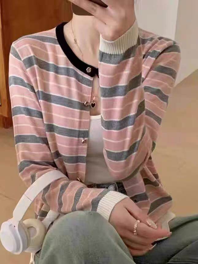 2025新款女士时尚潮流精纺羊毛彩条针织开衫，女装针织衫/毛衣，百纯羊绒