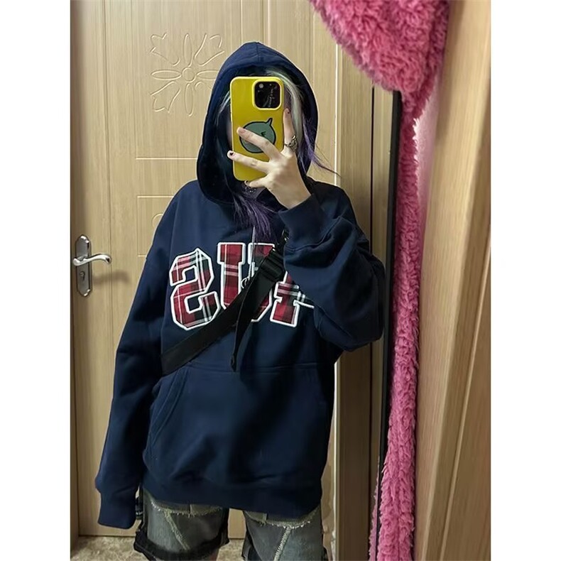 美式街头潮牌格子刺绣数字宽松套头连帽卫衣男女情侣帽衫WY852,男装卫衣,星座516A