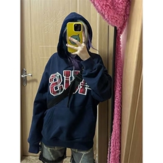 美式街头潮牌格子刺绣数字宽松套头连帽卫衣男女情侣帽衫WY852，男装卫衣，星座516A