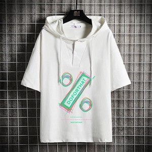 LD54171-P45 连帽短袖t恤男大码胖子带帽五分袖中袖 网格挂拍图片