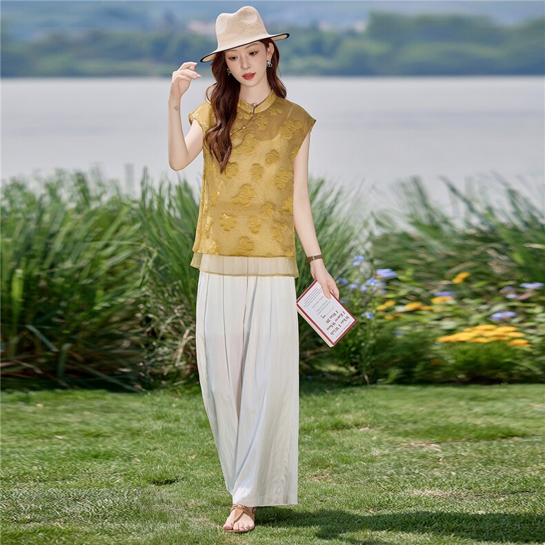 新中式国风套装2025夏季新款高级感气质显瘦时尚休闲阔腿裤两件套，女装套装/套裙，依路服饰