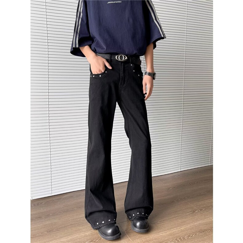 美式铆钉毛边黑色微喇牛仔裤男女高街修身显瘦休闲长裤NK603-P57,男装牛仔裤,星座208-5