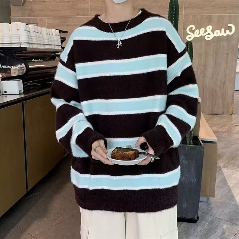 春秋季条纹毛衣男软糯温柔慵懒风宽松复古ins风宽松休闲款针织衫,男装针织衫/毛衣,星座1013