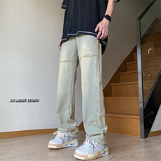 B221美式ins高街暗黑小众毛边印花直筒牛仔裤LK23108-P65控88，男装牛仔裤，电商B221