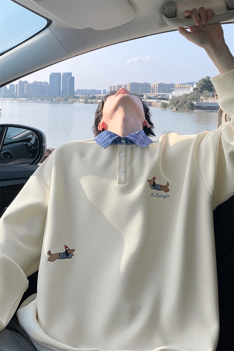 特批P38无差价华夫格假两件格子Polo领刺绣腊肠狗大码卫衣男W5380,男装卫衣,电商A001-1