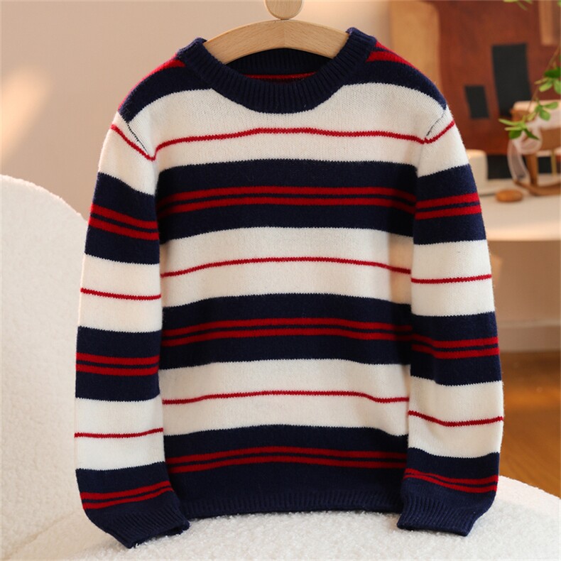 2025年秋季新款七针拼色条纹针织儿童款羊毛衫舒适休闲百搭，童装儿童羊毛衫，群鹿羊绒