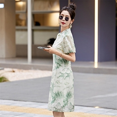 现货2024改良旗袍连衣裙年轻款女夏季新中式高级感禅意碎花裙，商品下架区，韩然一族
