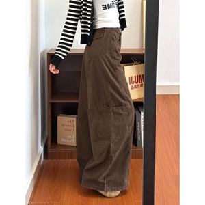 小个子复古美拉德咖色阔腿工装牛仔裤女新款辣妹高腰宽松直筒长裤图片