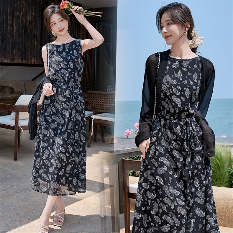 高端定制2025夏季法式复古腰果花裙子显瘦拼接蕾丝V领收腰连衣裙，女装套装/套裙，潮流依族