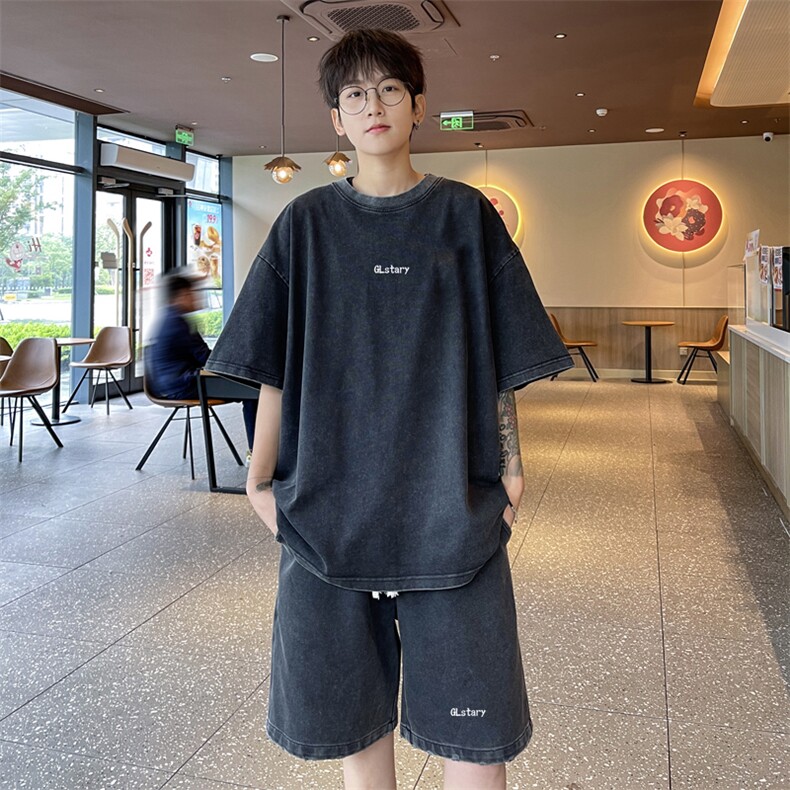 wassuphappy水洗做旧短袖t恤男夏季潮流休闲运动套装帅气两件套,男装休闲套装,电商B371
