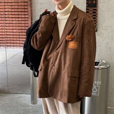 【2025秋冬】新款麂皮绒西服男小熊西装宽松韩版慵懒学院风外套,男装西服套装,星座112A