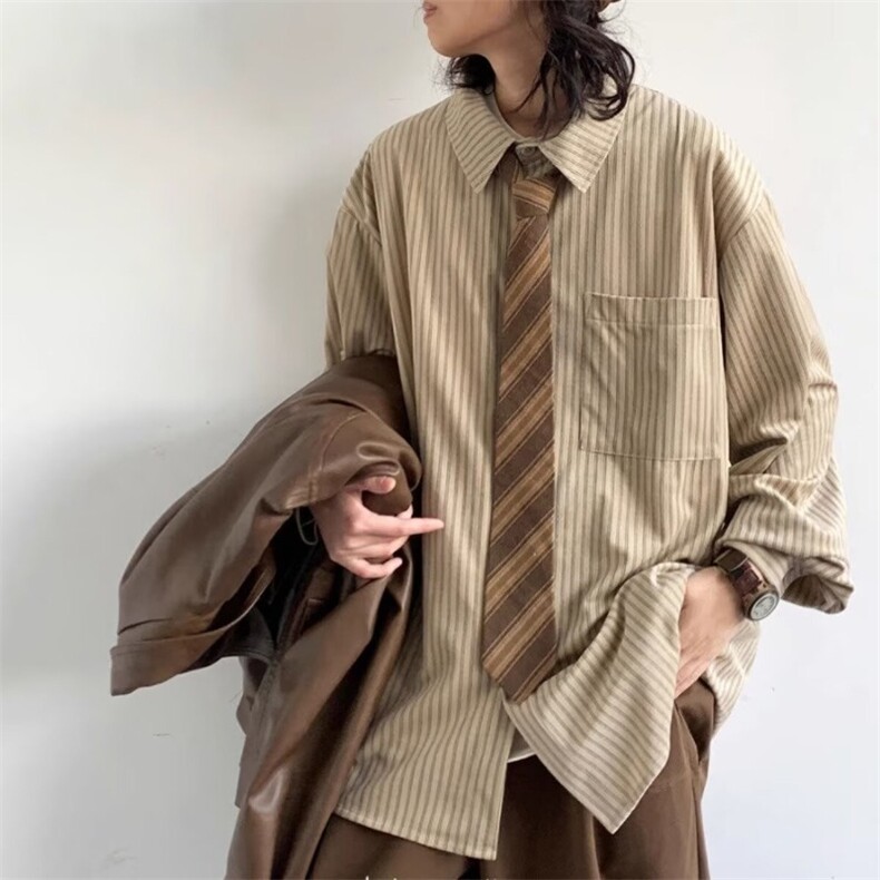 春秋日系复古港风条纹长袖衬衫男女学院风宽松休闲衬衣LJ211-P45，男装衬衫，星座1008