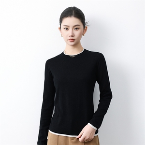 2025春季新款时尚拼色圆领套头纯羊毛衫女假两件软糯亲肤百搭打底图片