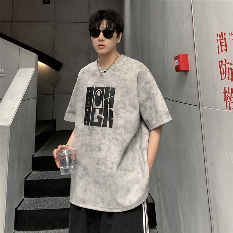 美式重磅340克蜡染复古水洗做旧宽松印花短袖T恤男潮T708-P30,男装T恤,电商C307A